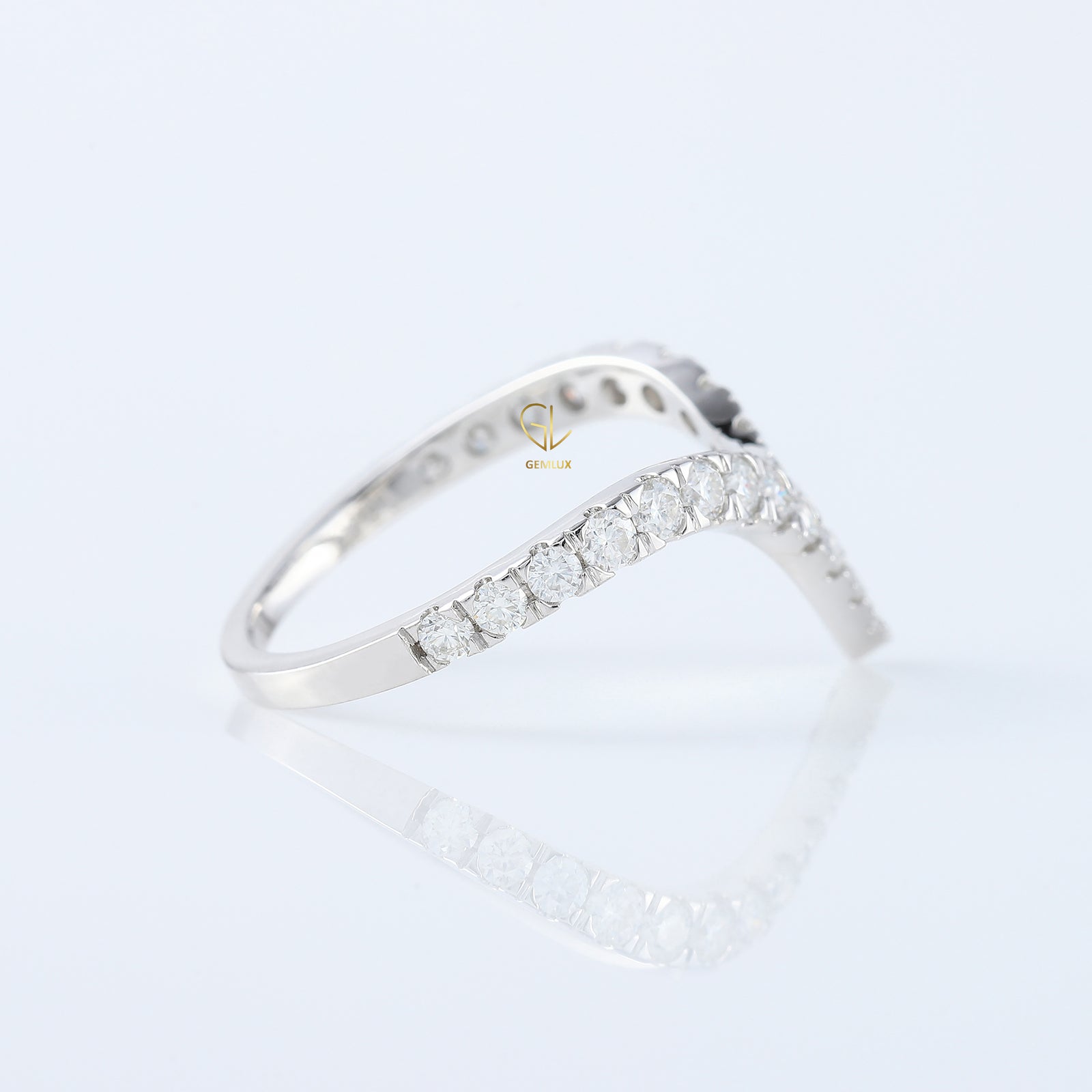 Curved V Shape Round Cut Moissanite Wedding Ring