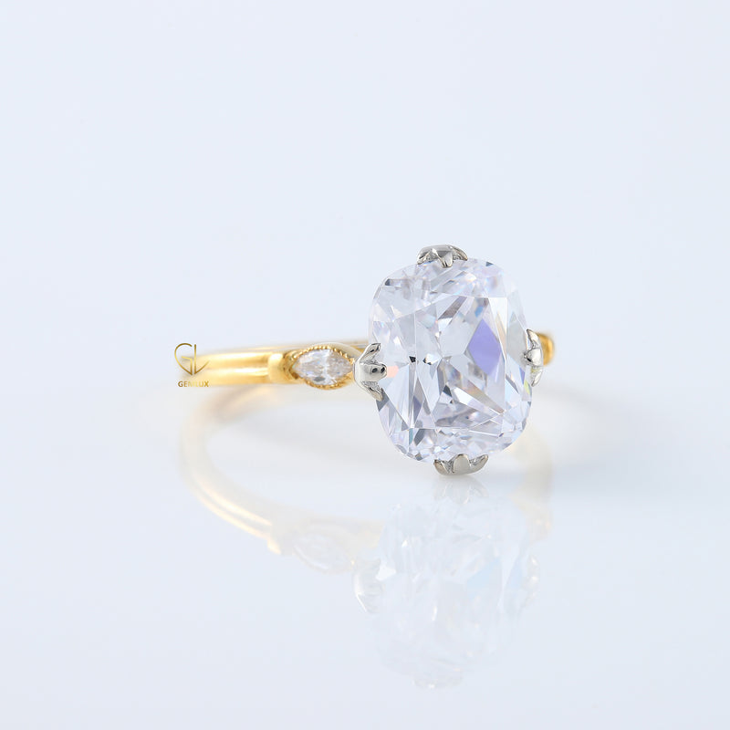 Fish Tail Prong Three Stone Elongated Cushion Cut Moissanite Ring