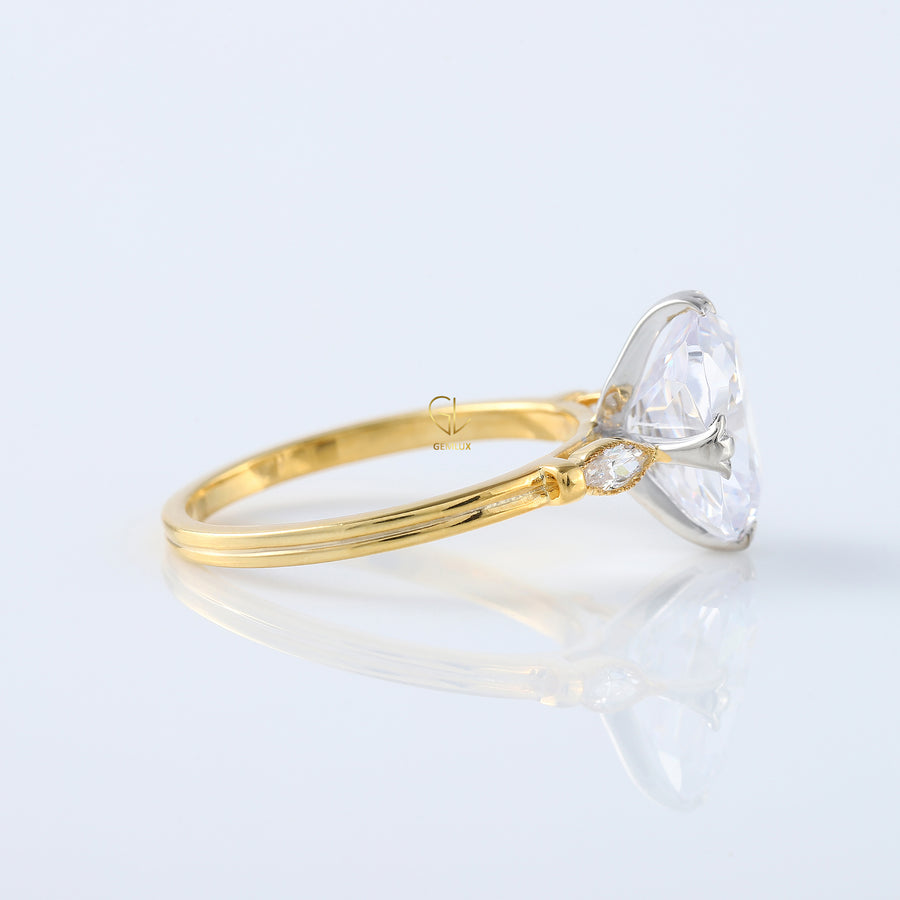 Fish Tail Prong Three Stone Elongated Cushion Cut Moissanite Ring