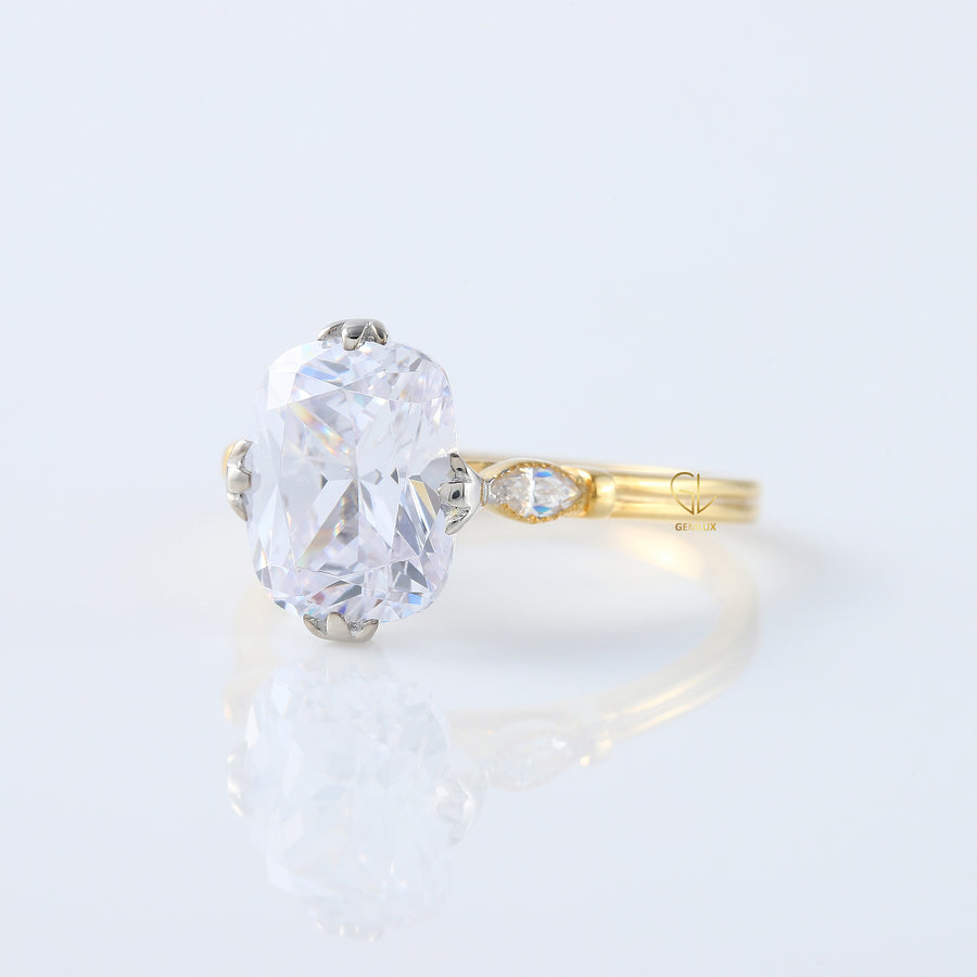Fish Tail Prong Three Stone Elongated Cushion Cut Moissanite Ring
