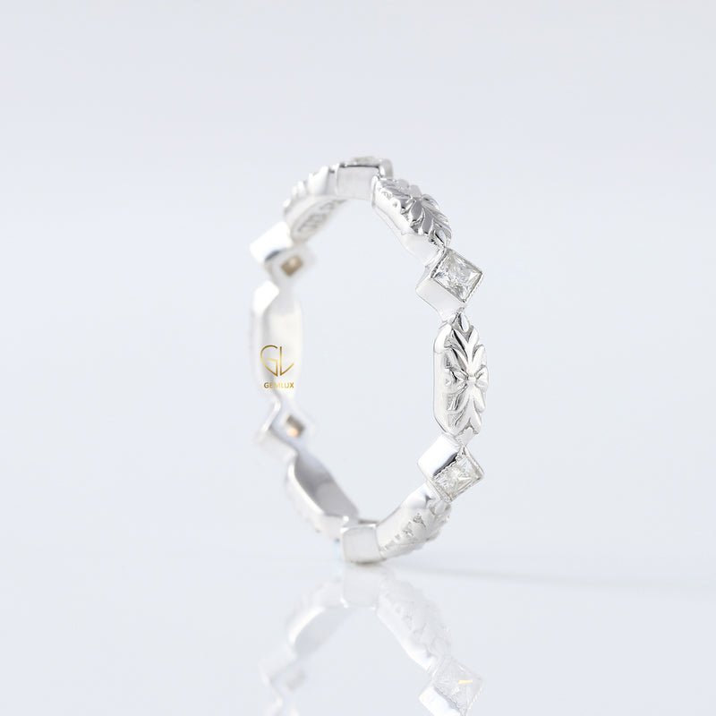 Art Deco Princess Cut Moissanite Filigree Wedding Band