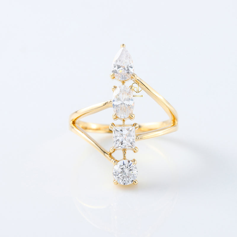 Fancy 14K Yellow Gold Multi Stone Moissanite Bypass Ring