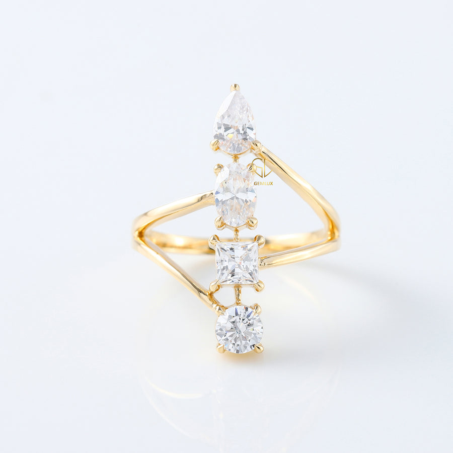 Fancy 14K Yellow Gold Multi Stone Moissanite Bypass Ring