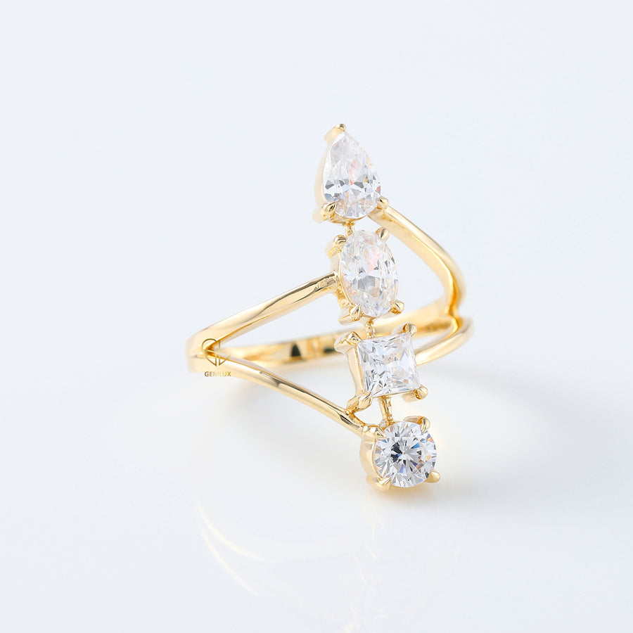 Fancy 14K Yellow Gold Multi Stone Moissanite Bypass Ring