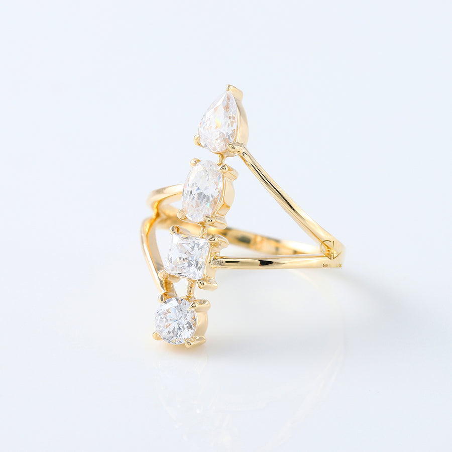 Fancy 14K Yellow Gold Multi Stone Moissanite Bypass Ring