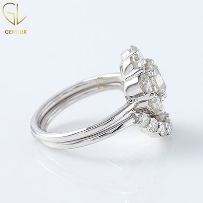 Bridal Ring Set, Old European Round Cut Moissanite Diamond Halo Engagement Ring, Curved Wedding Band, 14k White Gold Ring