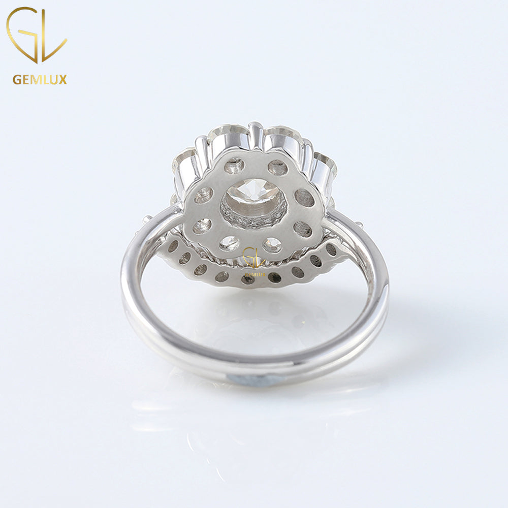 Bridal Ring Set, Old European Round Cut Moissanite Diamond Halo Engagement Ring, Curved Wedding Band, 14k White Gold Ring