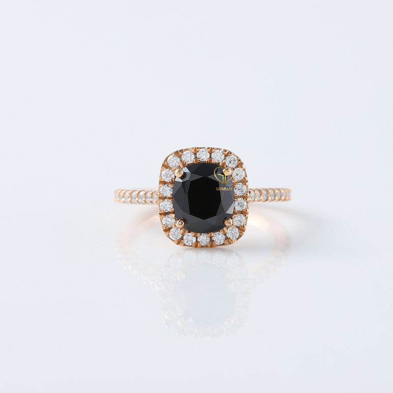Elongated Cushion Black Moissanite Halo Engagement Ring