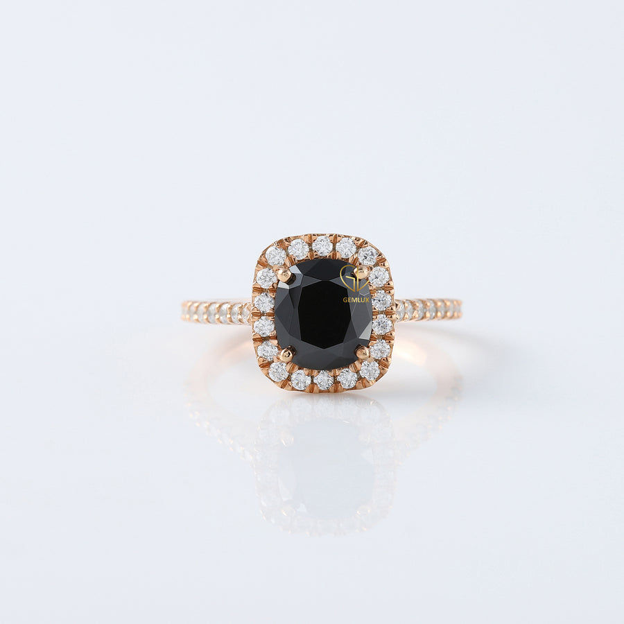 Elongated Cushion Black Moissanite Halo Engagement Ring