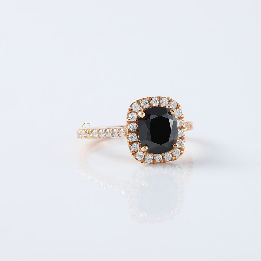 Elongated Cushion Black Moissanite Halo Engagement Ring