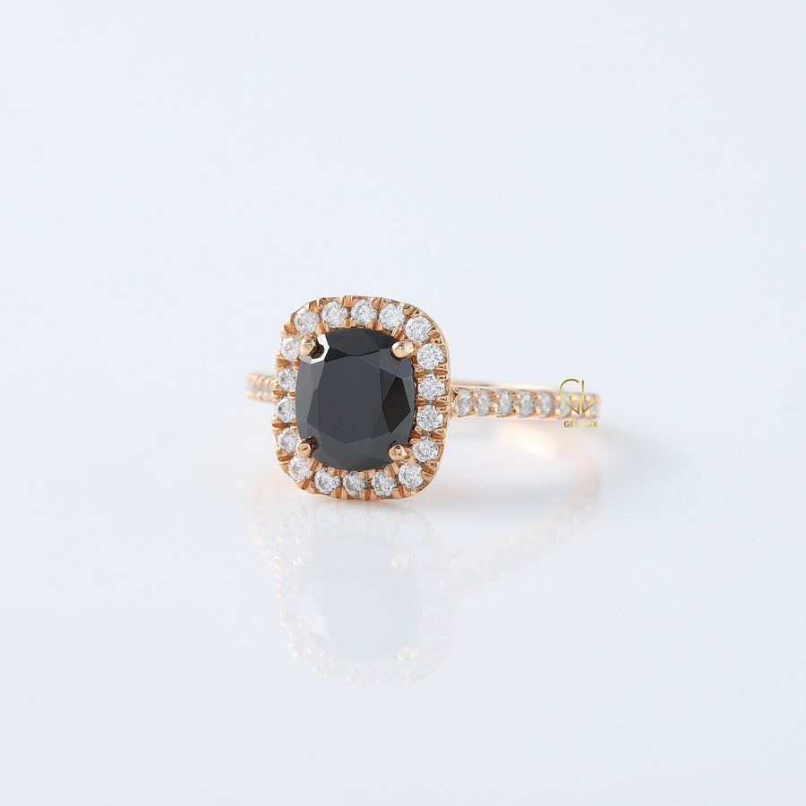 Elongated Cushion Black Moissanite Halo Engagement Ring