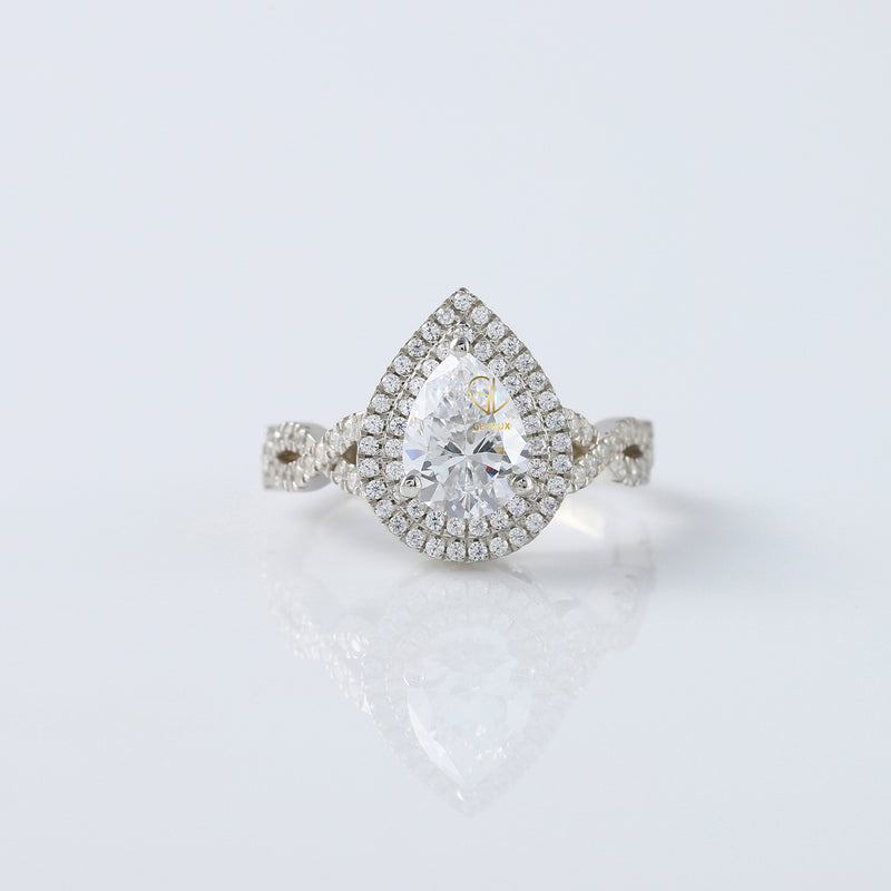 Pear Cut Moissanite Double Halo With Twisted Ring
