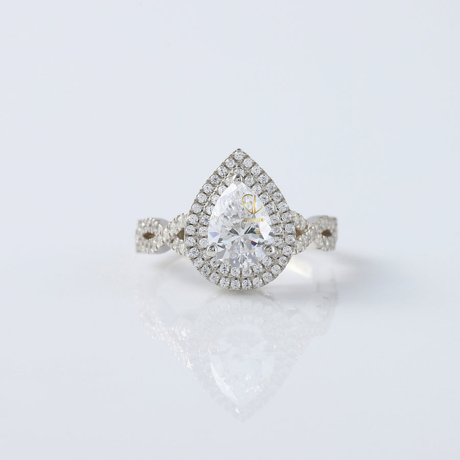 Pear Cut Moissanite Double Halo With Twisted Ring