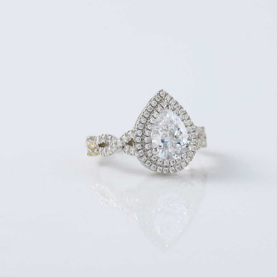 Pear Cut Moissanite Double Halo With Twisted Ring