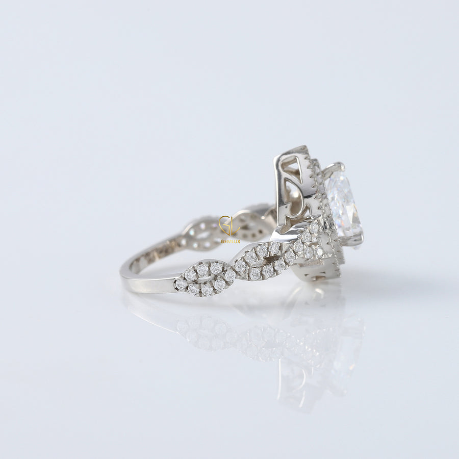 Pear Cut Moissanite Double Halo With Twisted Ring