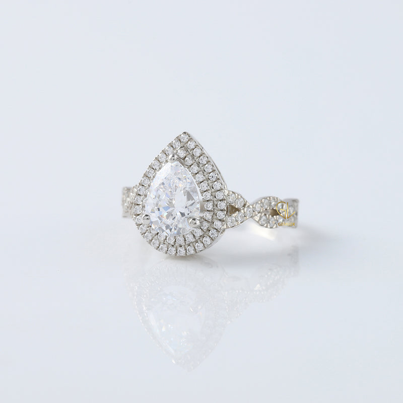 Pear Cut Moissanite Double Halo With Twisted Ring