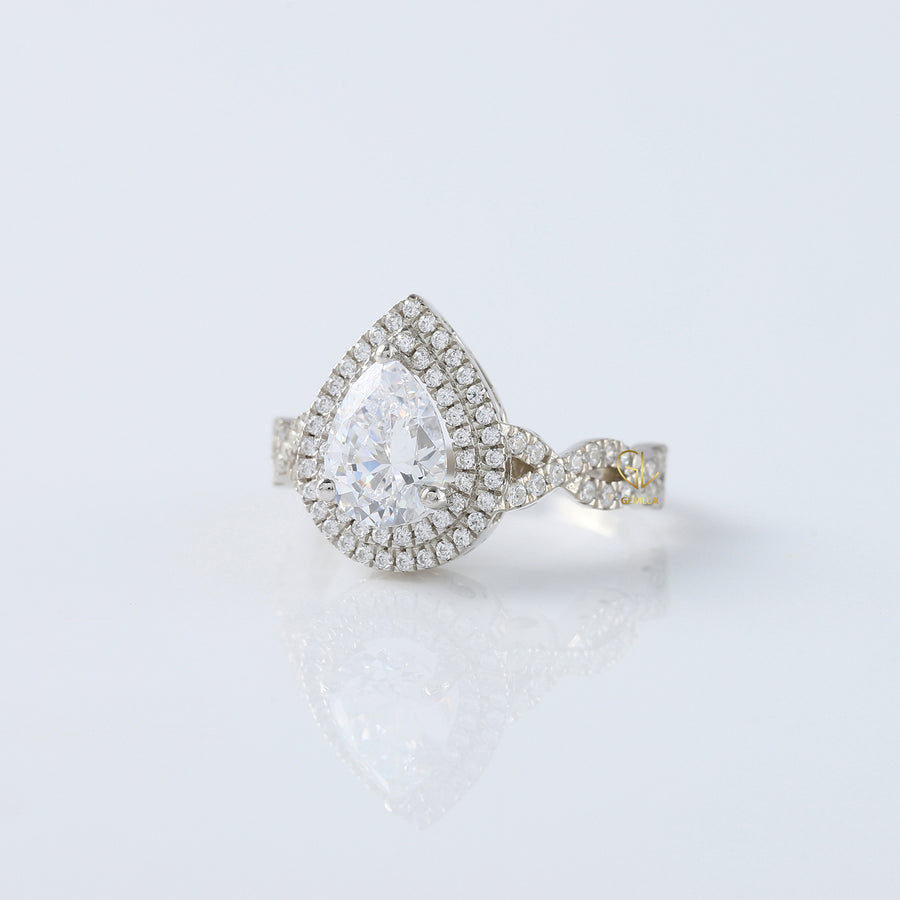 Pear Cut Moissanite Double Halo With Twisted Ring