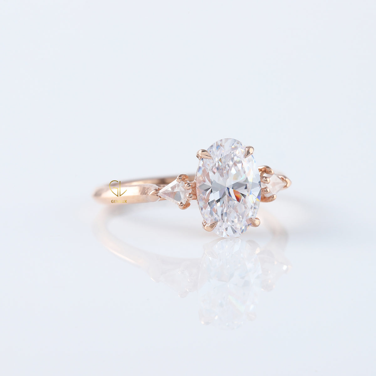 Three Stone Oval Cut Lab Grown Diamond Rose Gold Ring