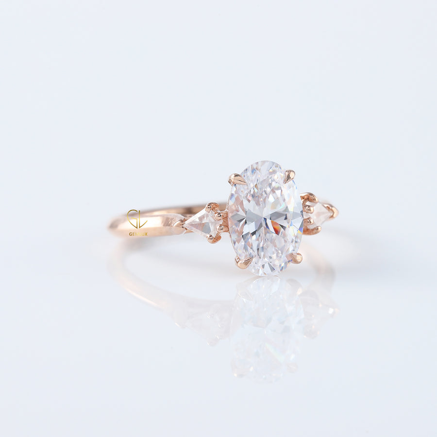 Three Stone Oval Cut Lab Grown Diamond Rose Gold Ring