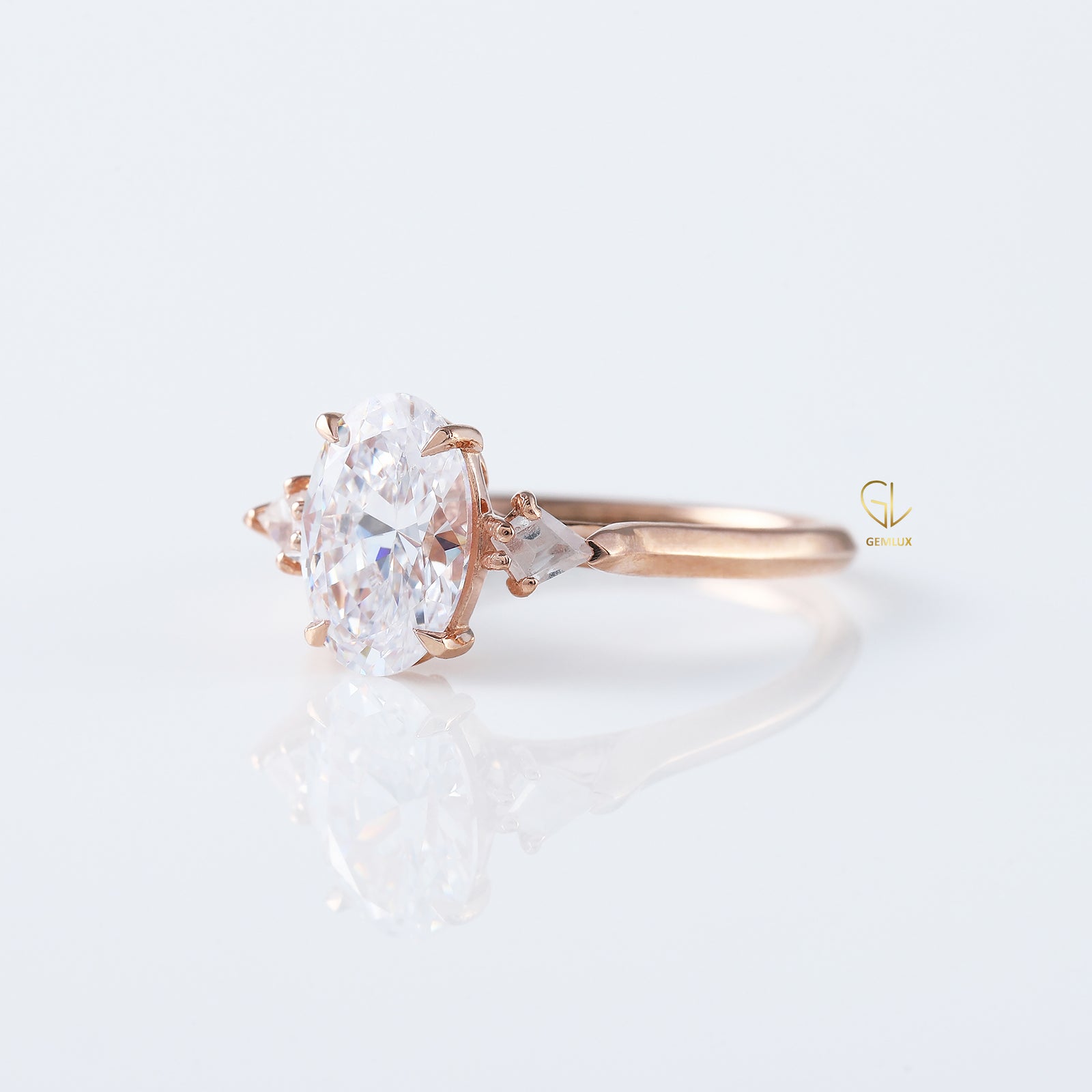 Three Stone Oval Cut Lab Grown Diamond Rose Gold Ring