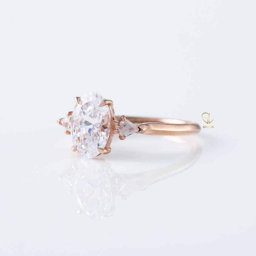 Three Stone Oval Cut Lab Grown Diamond Rose Gold Ring