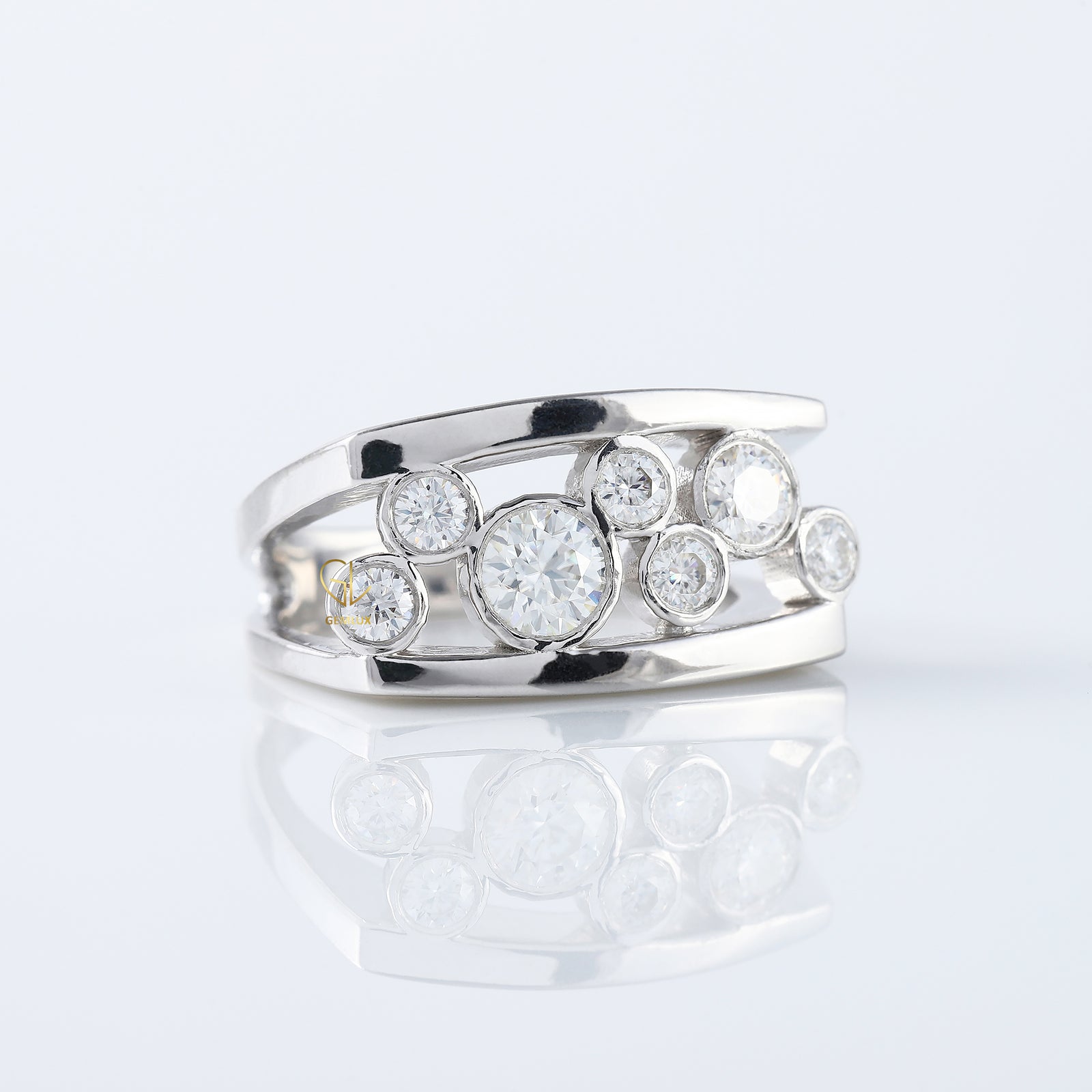 Round Cut Lab Grown Bezel Set Scattered Diamond Wedding Ring