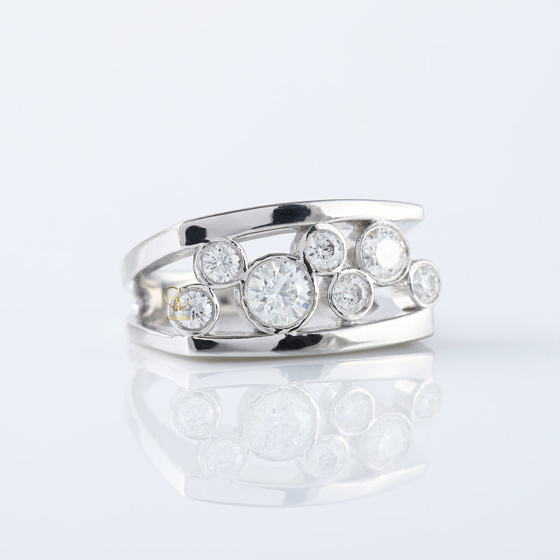Round Cut Lab Grown Bezel Set Scattered Diamond Wedding Ring