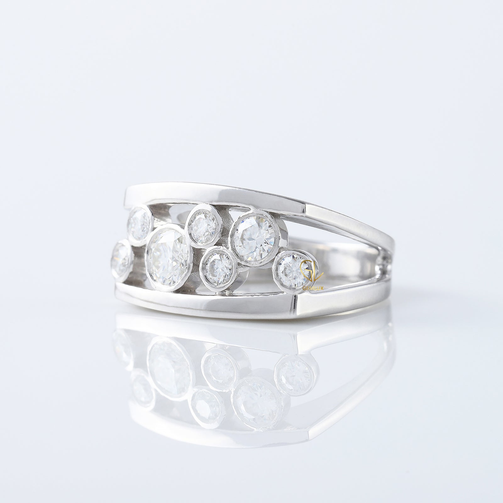 Seven Stone ring, bubble style scattered diamond ring