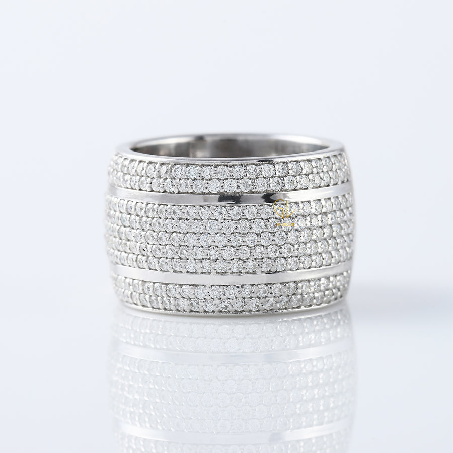 Round Cut Moissanite Diamond Solid Gold Wide Band Ring