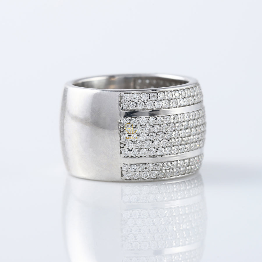 Round Cut Moissanite Diamond Solid Gold Wide Band Ring