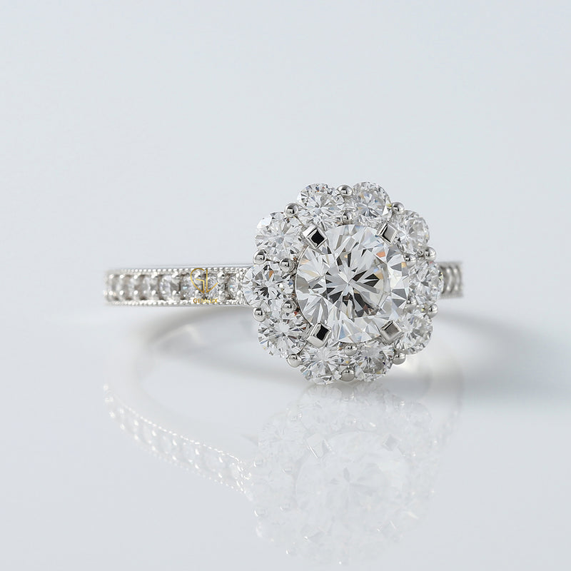 1.21 CT Round Cut Moissanite Halo Accent Ring
