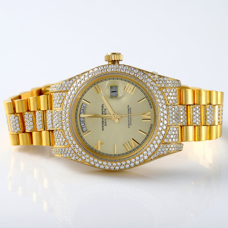 VVS Moissanite Roman Dial Day Date Yellow Gold Plated Presidential Watch