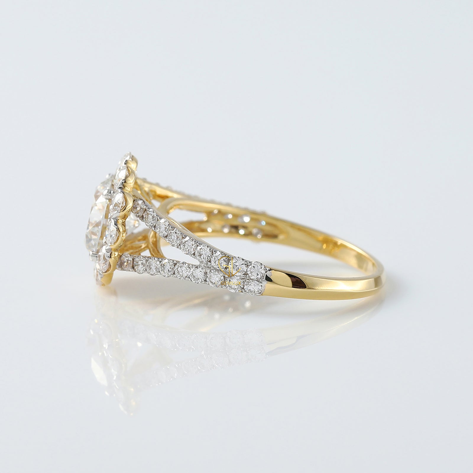 Round Cut Moissanite Split Shank Halo Engagement Ring