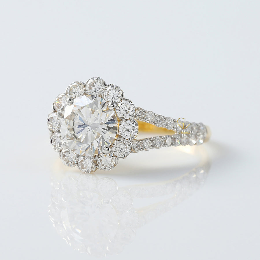 Round Diamond Halo Split Shank Engagement Ring