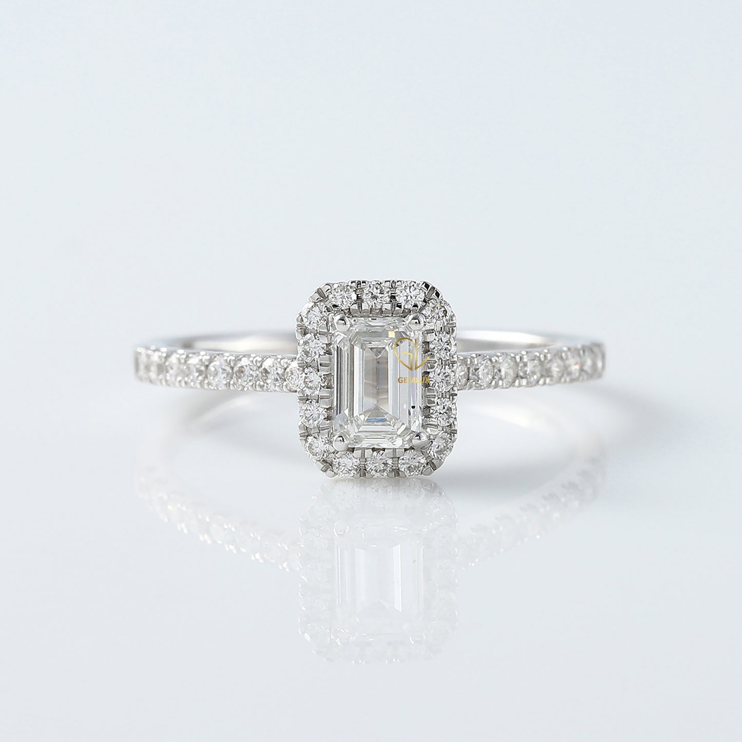 0.50 Ct Emerald Cut Moissanite Halo Engagement Ring