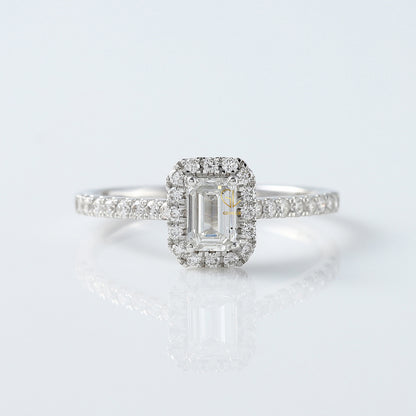 0.50 Ct Emerald Cut Moissanite Halo Engagement Ring