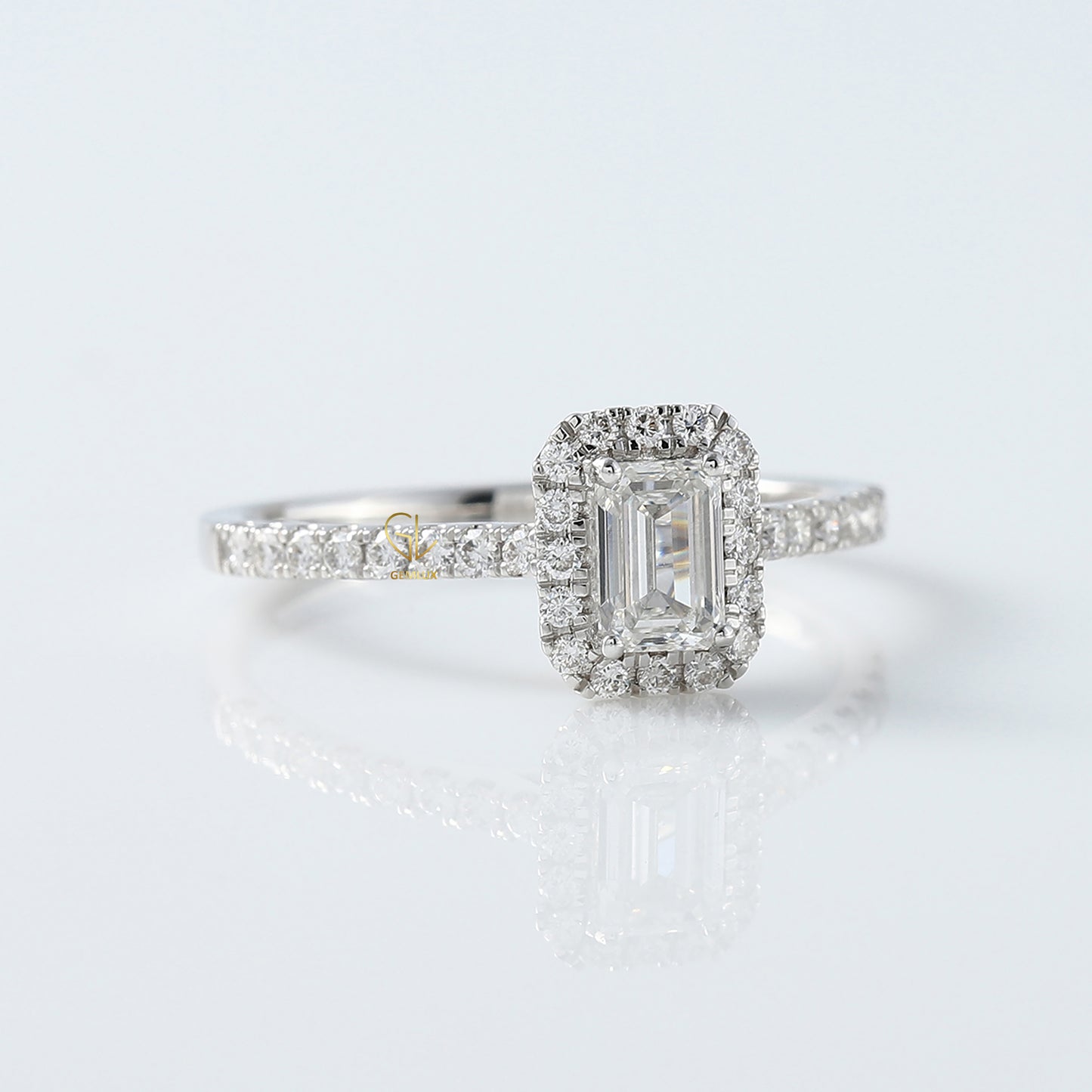 0.50 Ct Emerald Cut Moissanite Halo Engagement Ring