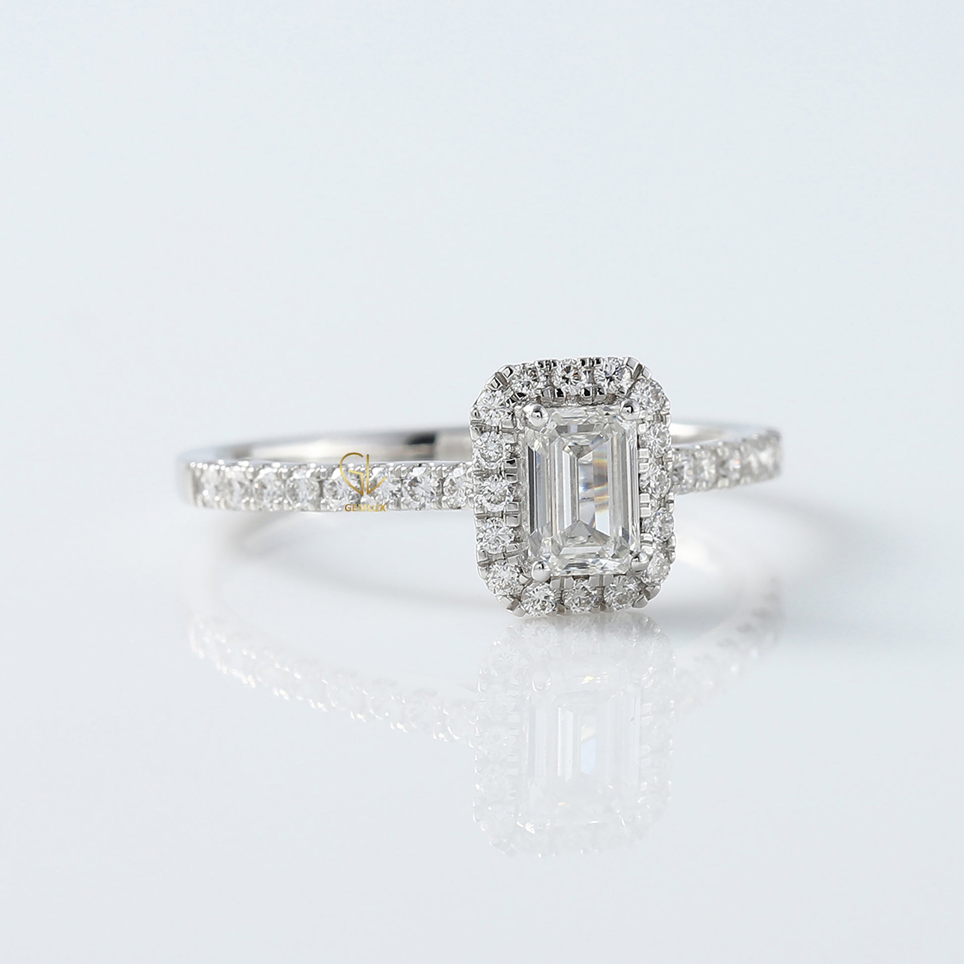 0.50 Ct Emerald Cut Moissanite Halo Engagement Ring