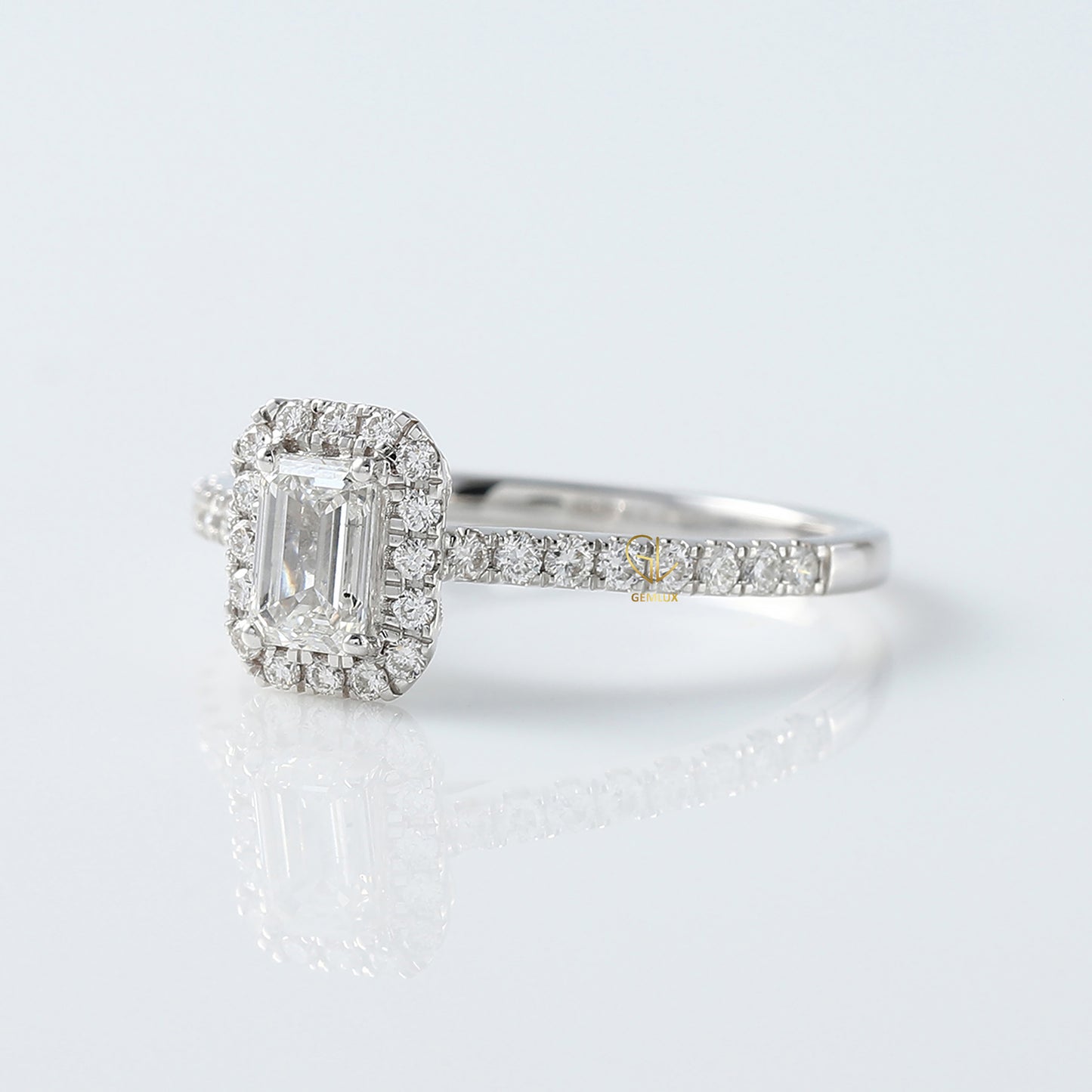 0.50 Ct Emerald Cut Moissanite Halo Engagement Ring