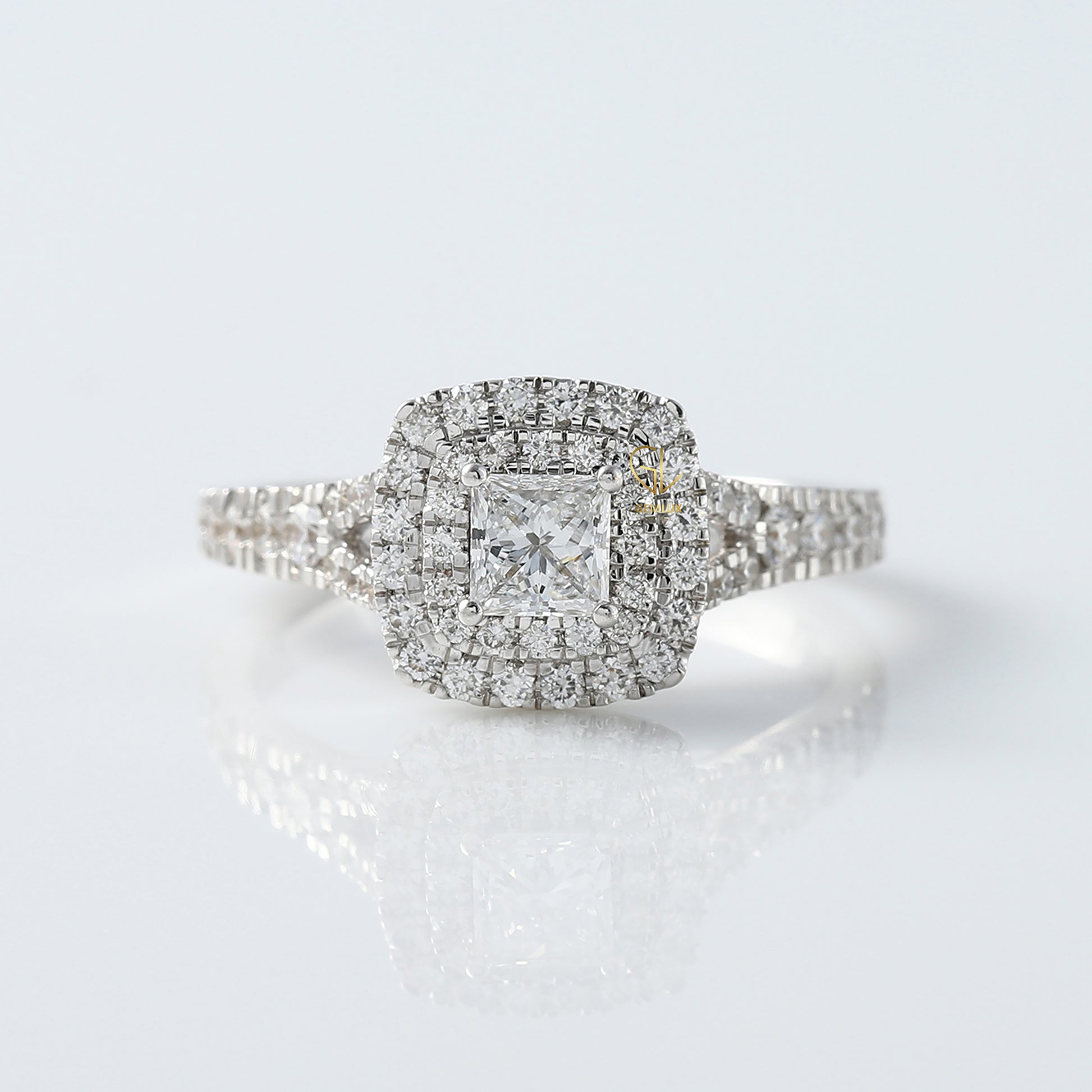 Princess Cut Lab Grown Diamond Double Halo Split Shank Engagement