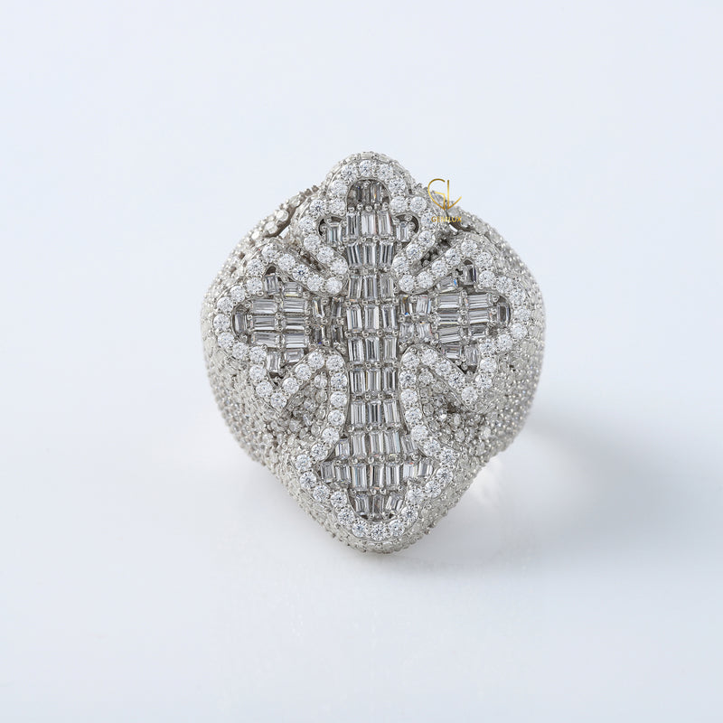 Iced Out Baguette Cut Moissanite Cross Hip Hop Ring