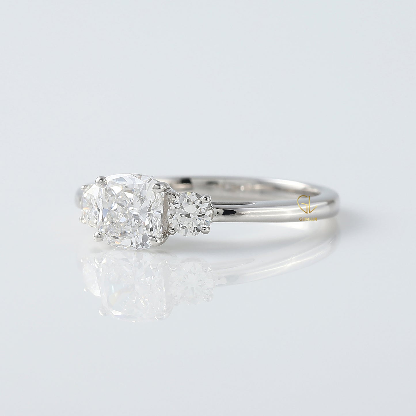 Cushion Cut Lab Grown Diamond Three Stone Engagement Ring