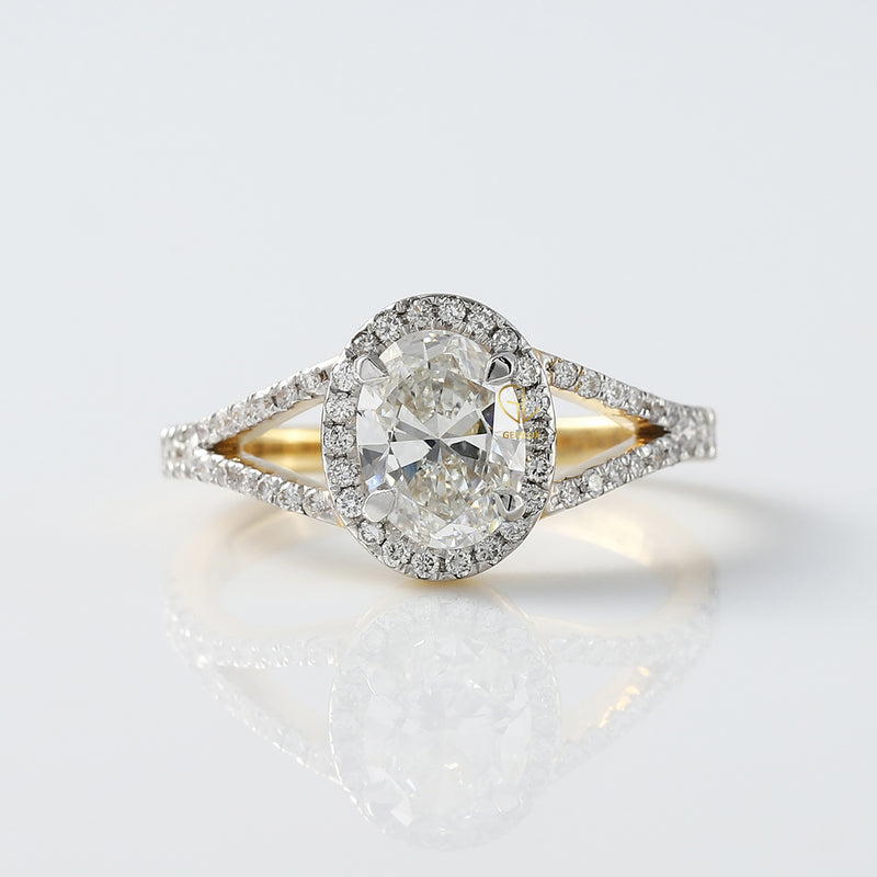 Certified Oval Cut Lab Grown Split Shank Halo Engagement Ring