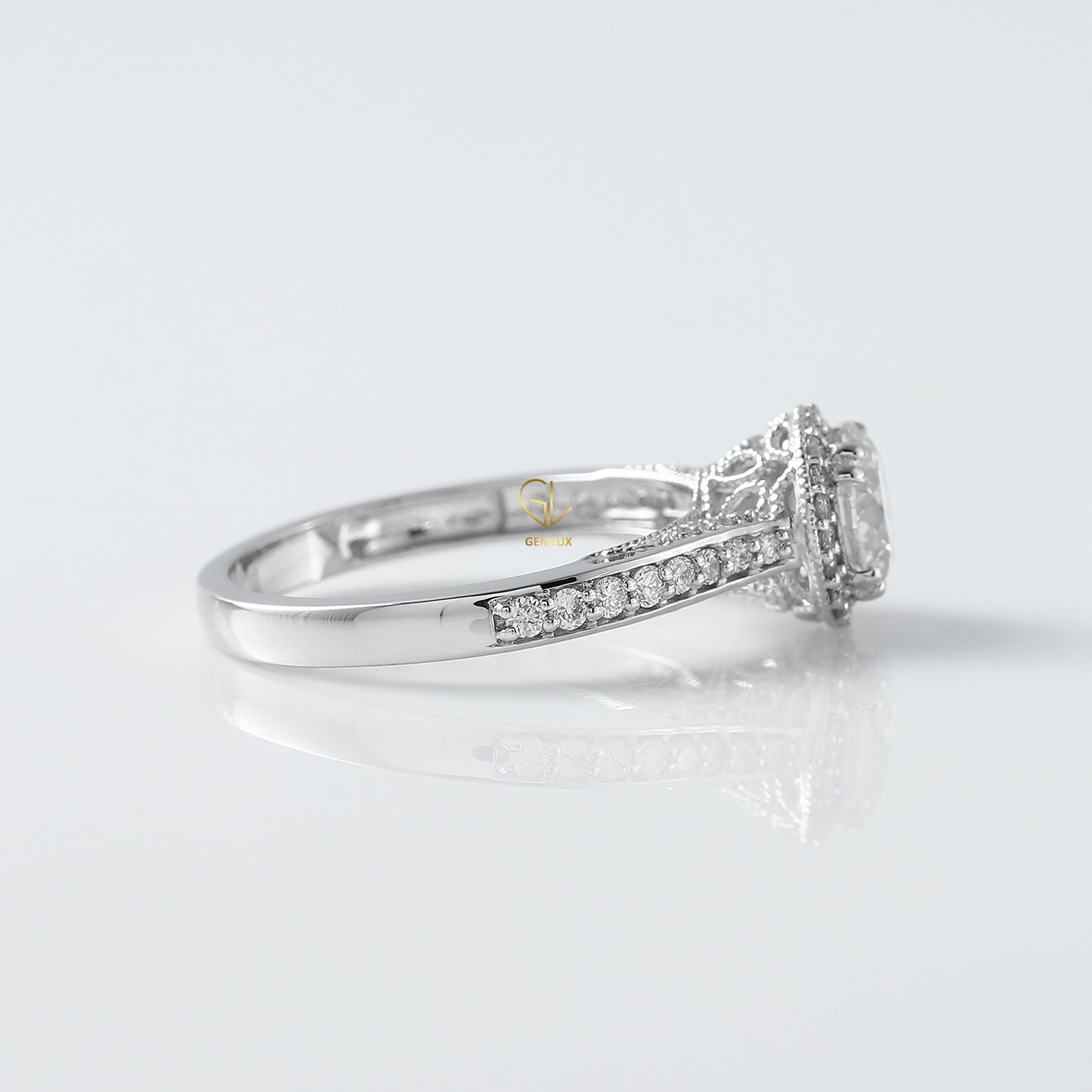 Round Cut Lab Grown Diamond Art Deco With Filigree Halo Engagement Ring