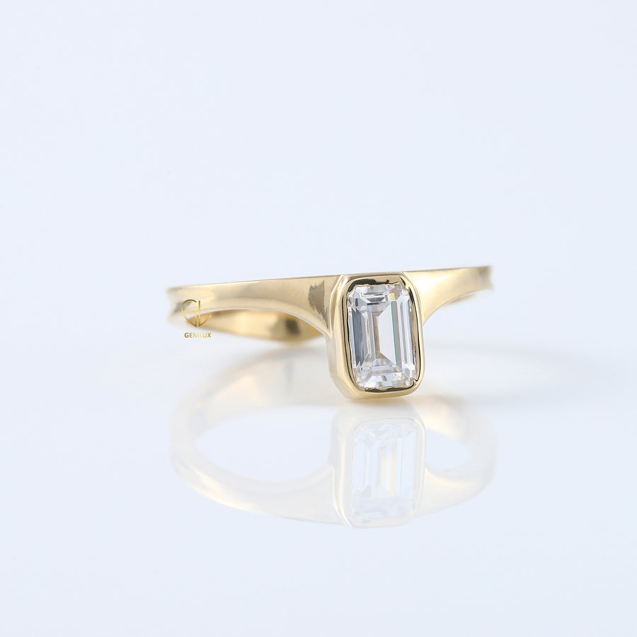 Emerald Cut Moissanite Diamond Curved Solitaire Ring