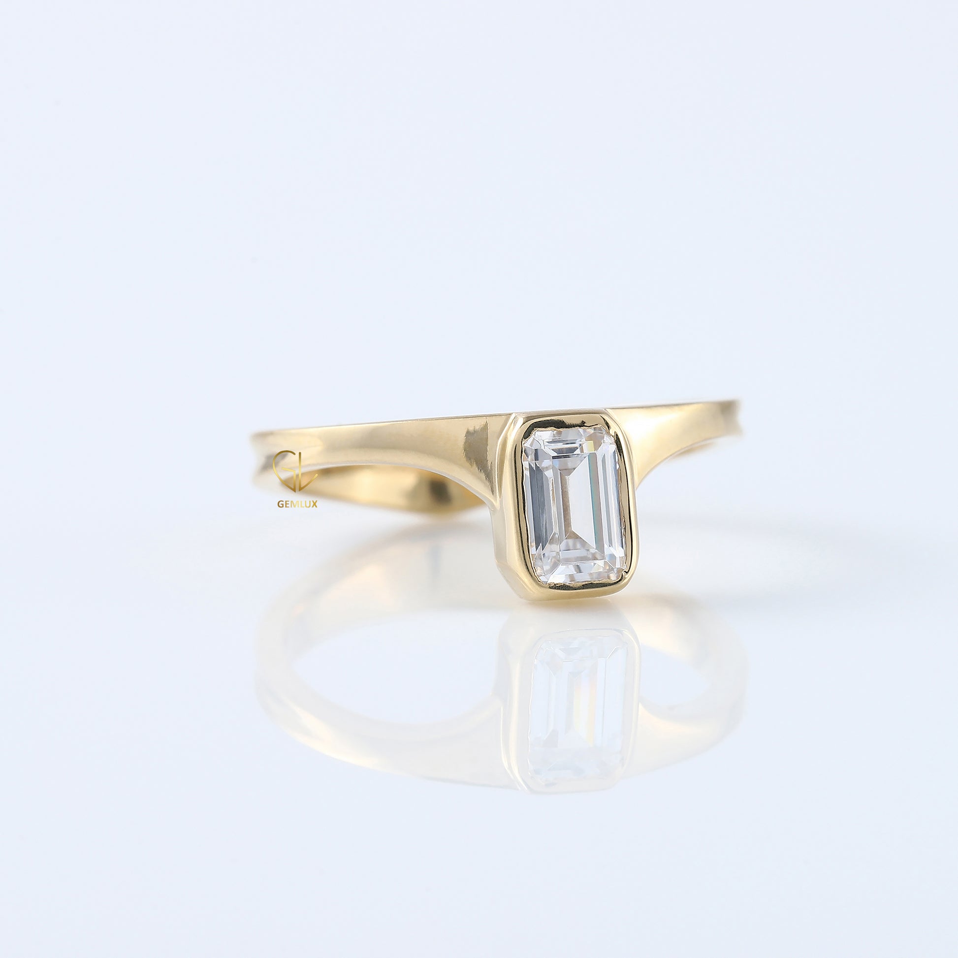 Emerald Cut Lab Grown Bezel Set Curved Solitaire Ring