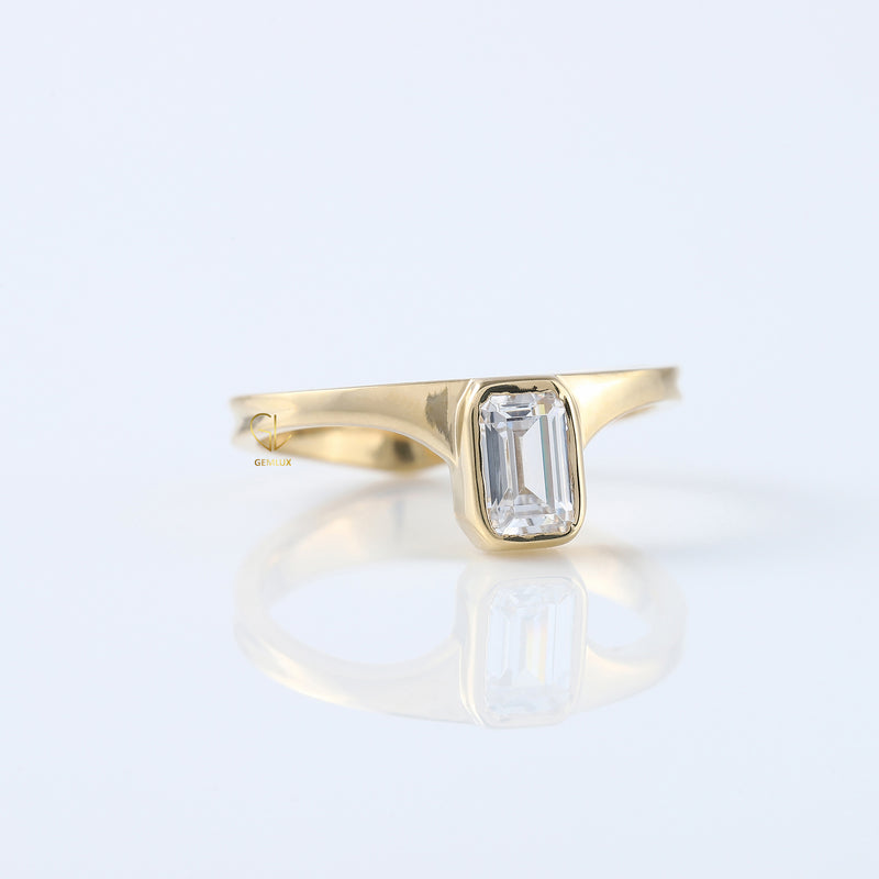 Emerald Cut Lab Grown Bezel Set Curved Solitaire Ring