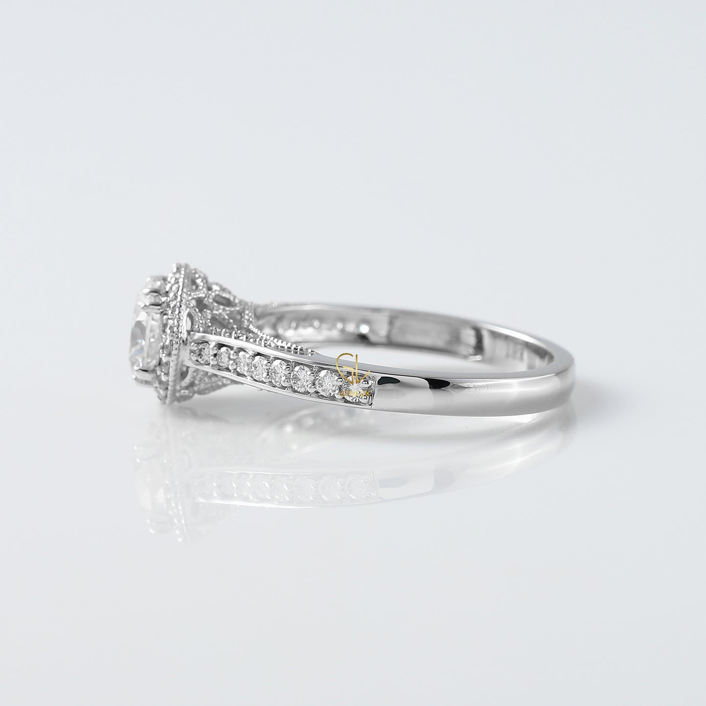 Round Cut Lab Grown Diamond Art Deco With Filigree Halo Engagement Ring