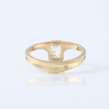 Emerald Cut Lab Grown Bezel Set Curved Solitaire Ring