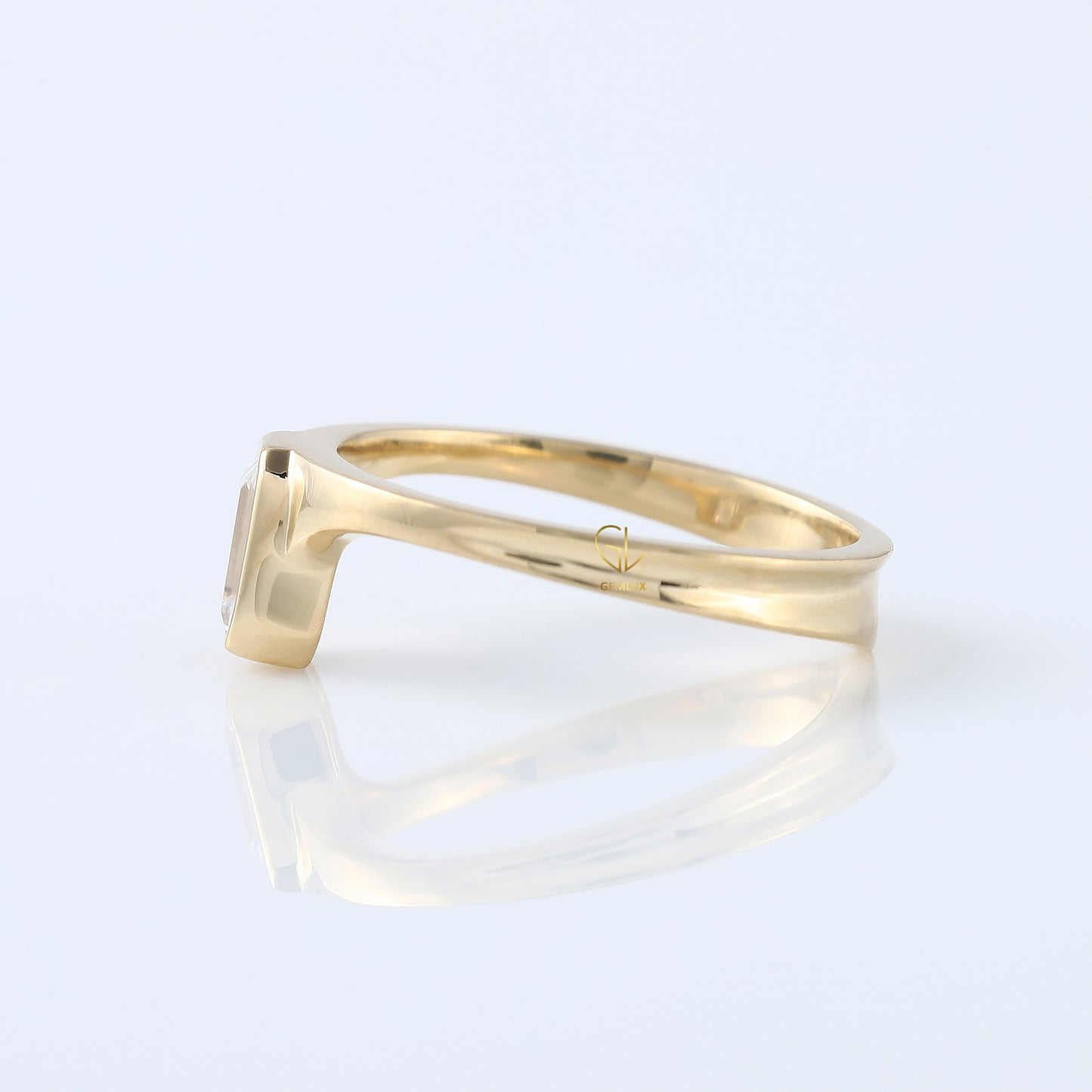 Emerald Cut Lab Grown Bezel Set Curved Solitaire Ring
